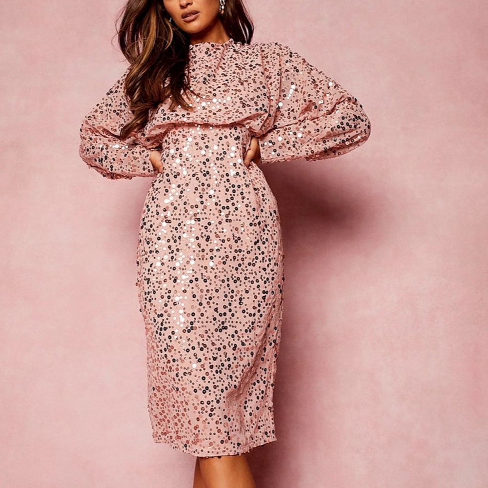 BooHoo Sequin Batwing Midi Dress in blush.